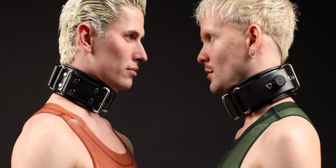 Models Demonstrating How to Wear Rubber Elite Neck Restraints with Metallic Buckles and Monogrammed Caps